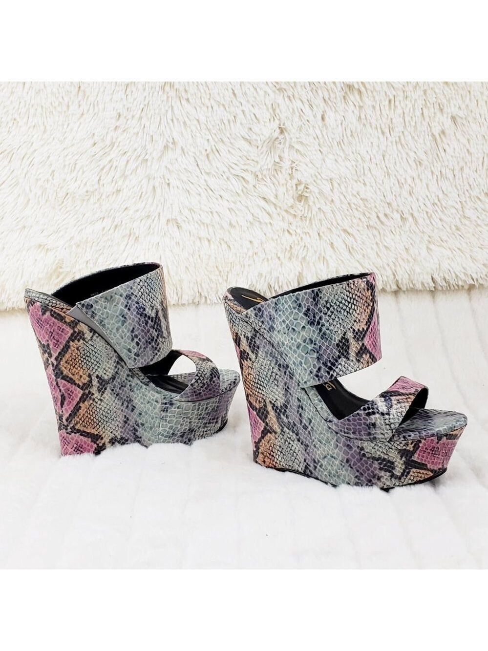 Wide Strap Slip On Multicolor Snake Print 6" Wedge Heel Shoe Platform Sandals - Picture 7 of 13